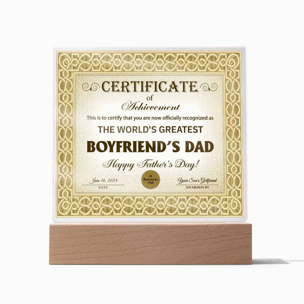 Boyfriend's Dad - Certificate Of Achievement - Acrylic Square