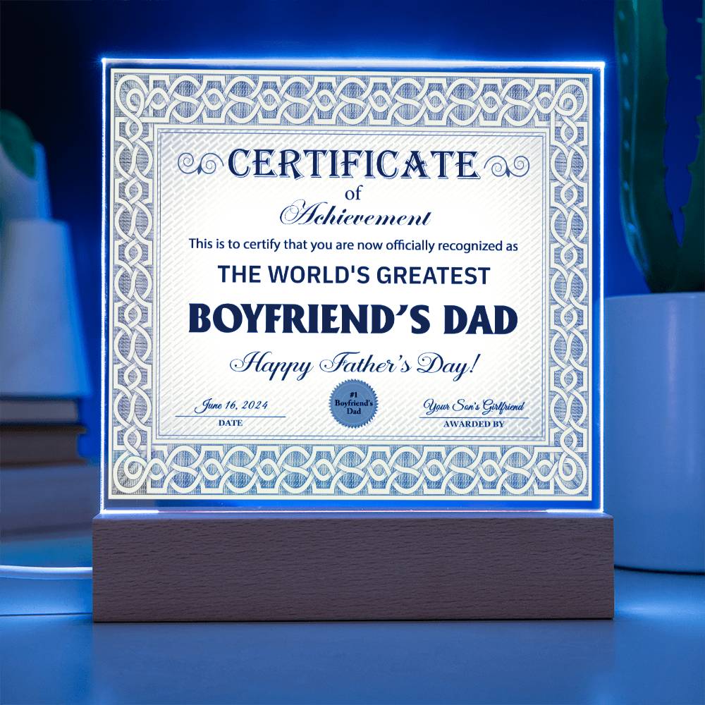 Boyfriend's Dad - Certificate Of Achievement - Acrylic Square