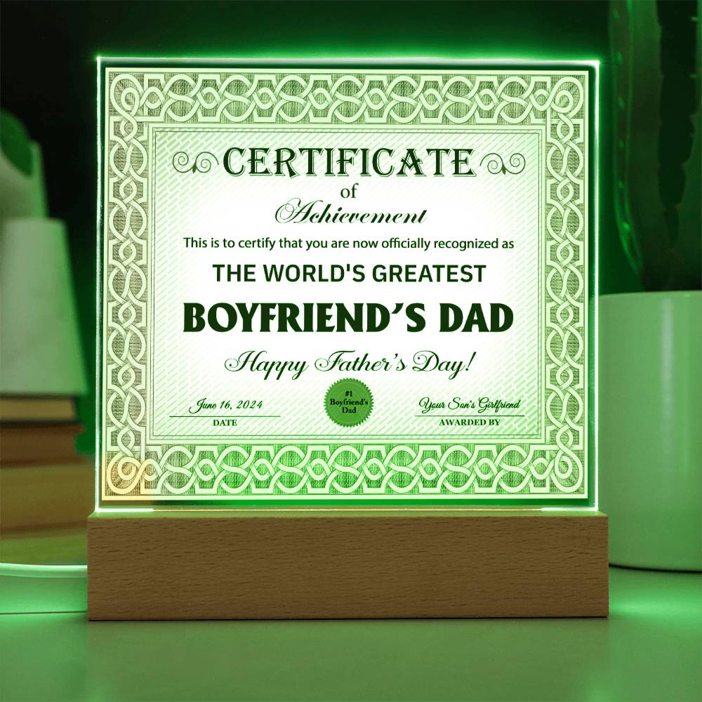 Boyfriend's Dad - Certificate Of Achievement - Acrylic Square