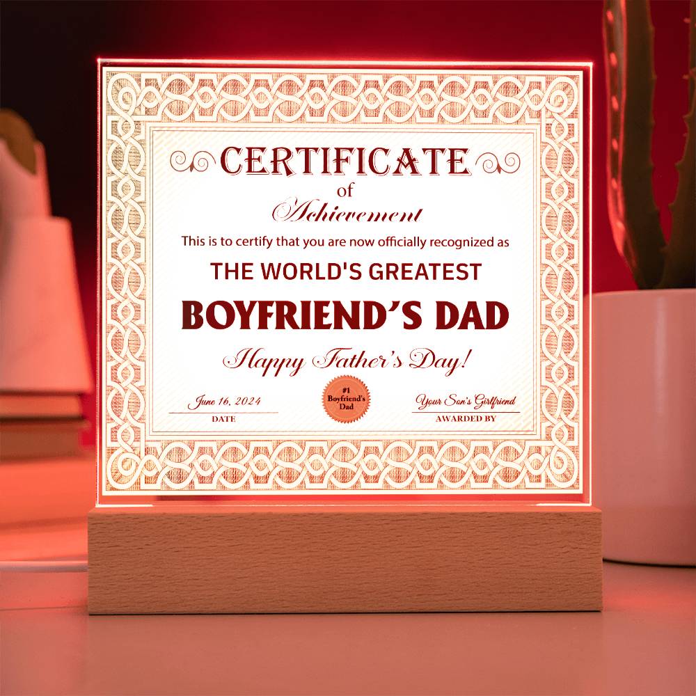 Boyfriend's Dad - Certificate Of Achievement - Acrylic Square