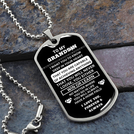 GrandSon - Win or Learn - Graphical Dog Tag & Ball chain (steel)